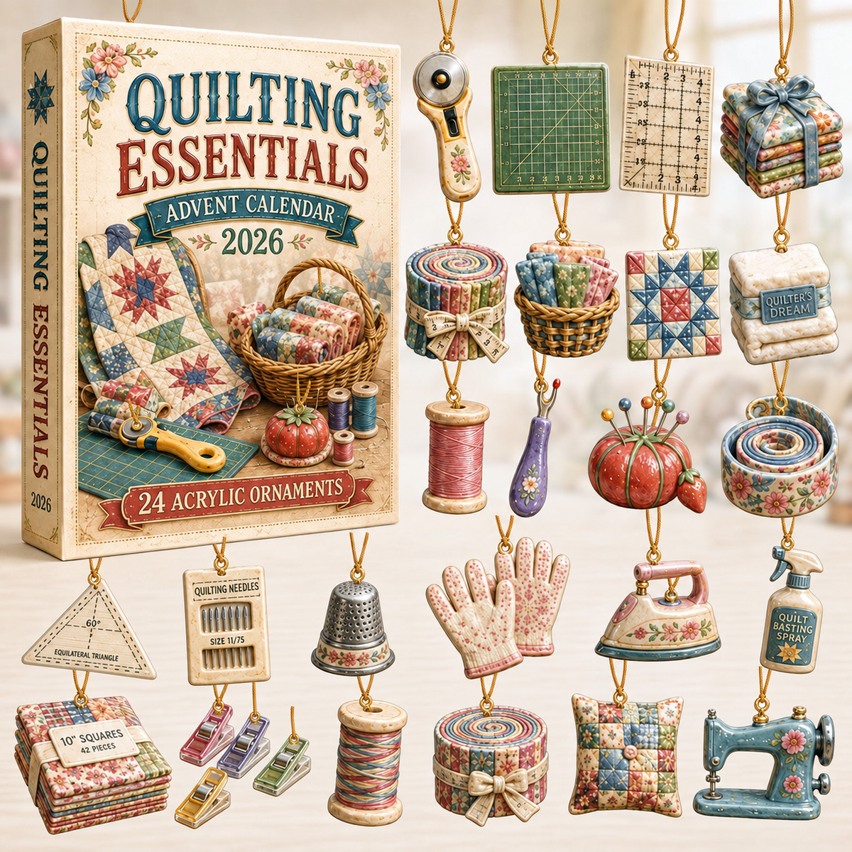 Quilting Essentials Advent Calendar 2026 - 24-Day Festive Countdown, Acrylic Charms Blind Box - Gift For Quilting Lovers
