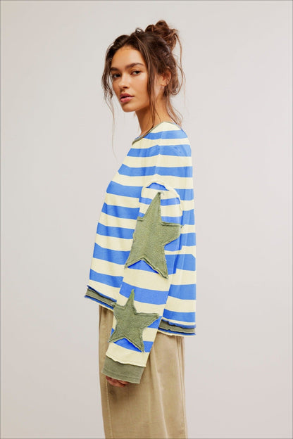 Star Sleeve Applique Stripe Sweatshirt