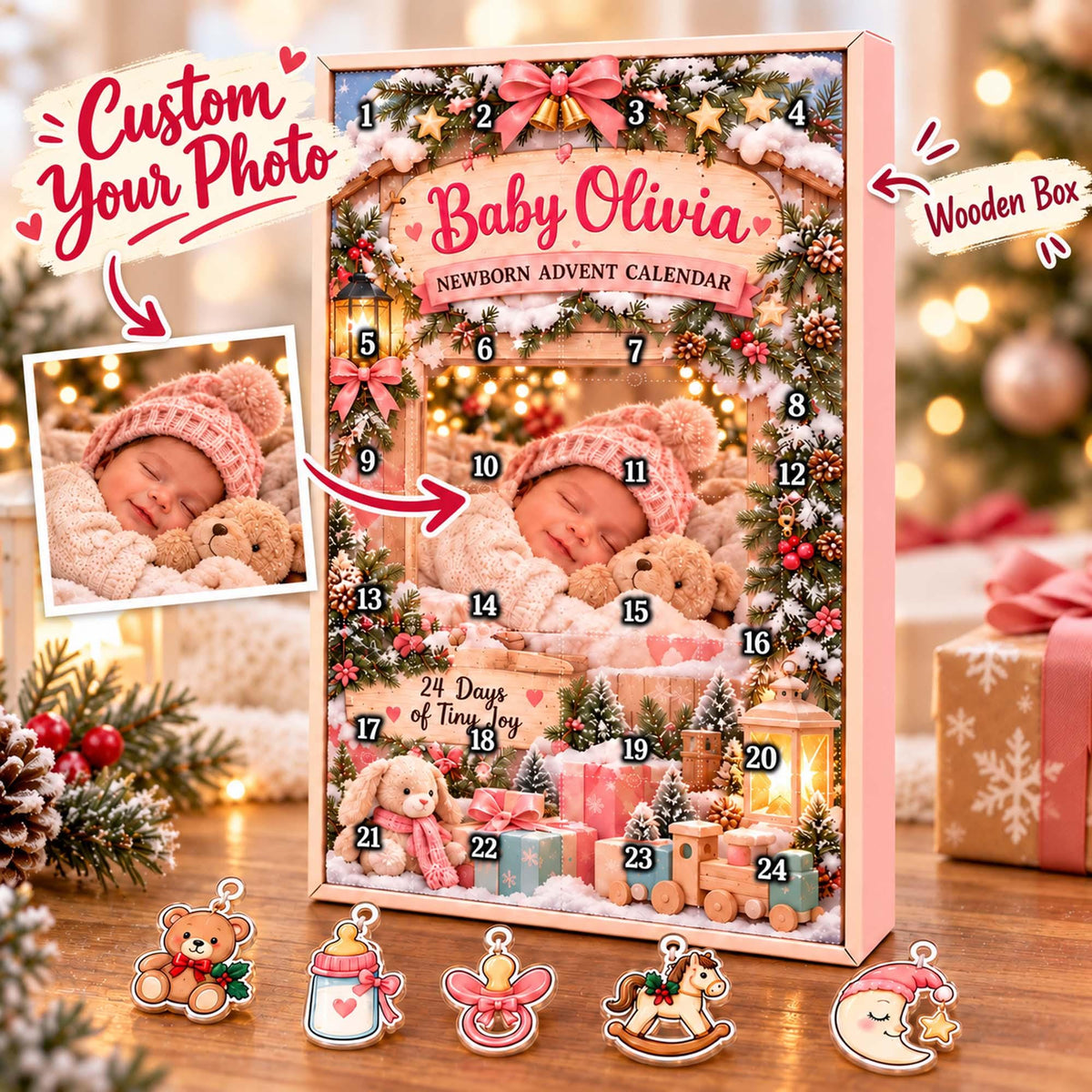 Personalized Baby Newborn Christmas Advent Calendar 2026, Custom Baby Name Blind Box, 24 Day Countdown Tiny Joy Baby Xmas Ornament Token Set