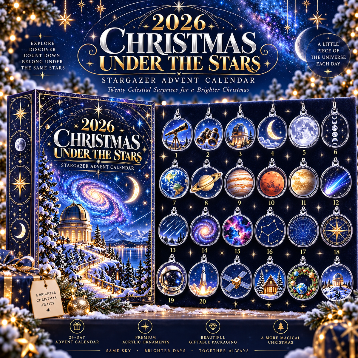 2026 Christmas Under The Stars Stargazer Advent Calendar With Celestial Ornaments, Unique Space Theme Holiday Countdown Gift