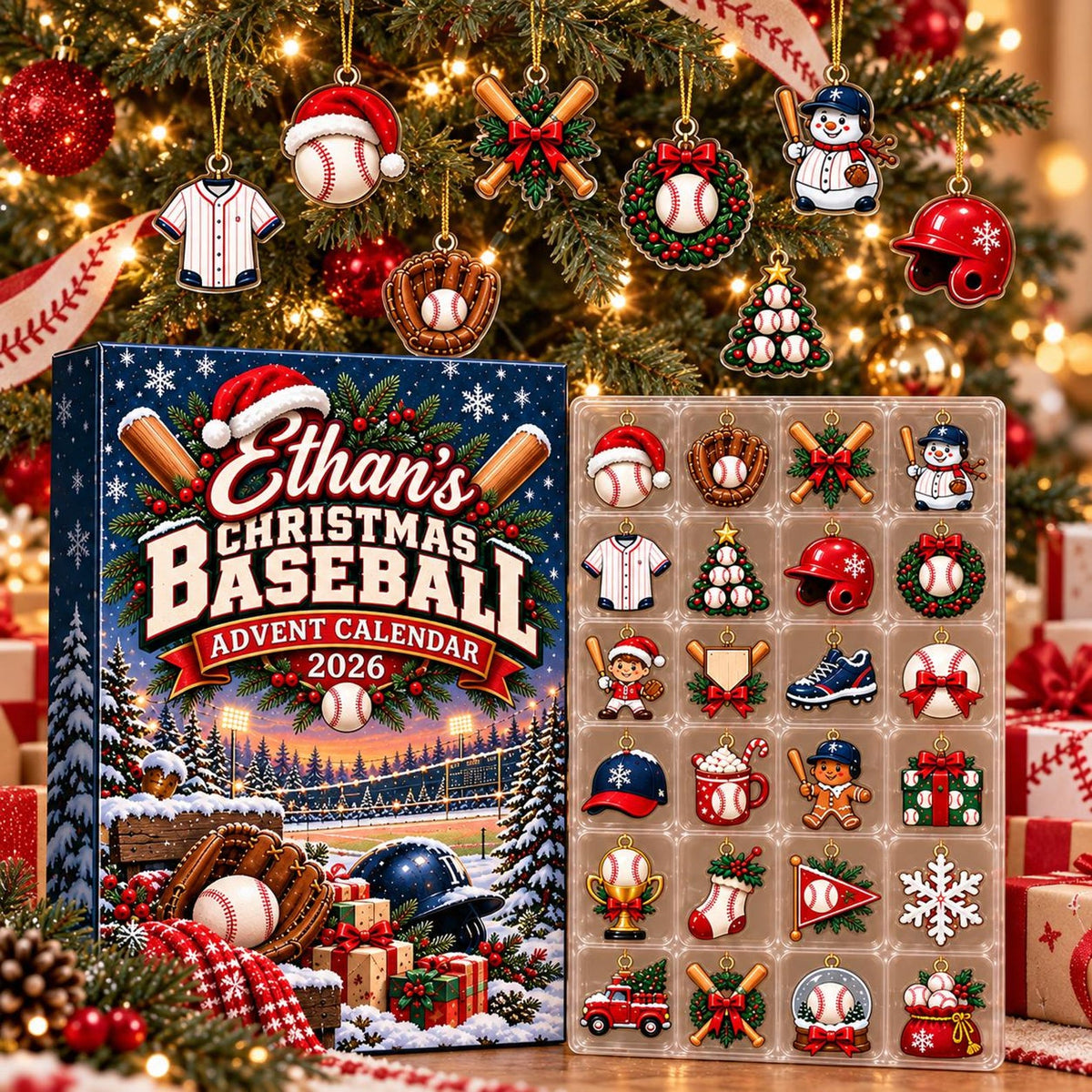 Custom Name Baseball Advent Calendar 2026, Christmas Countdown Box, 24 Baseball Charms, Personalized Holiday Keepsake, Baseball Player Gift