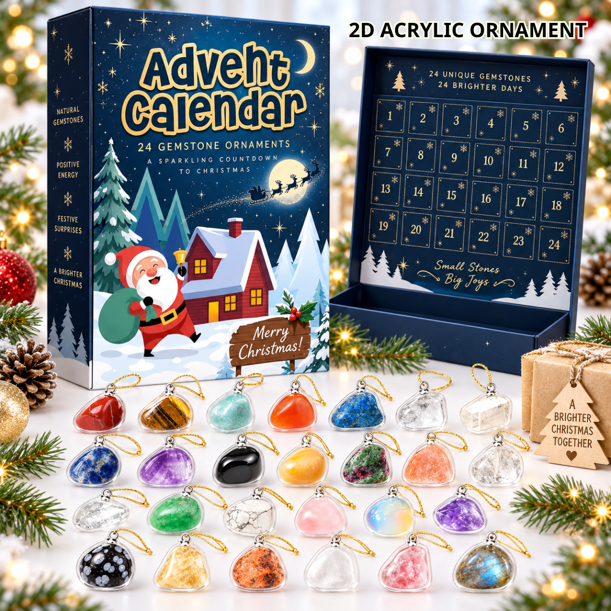 Personalized 2D Gemstone Advent Calendar 2026, 24 Natural Stone Christmas 2D Acrylic Charm with Hanging Loops, Crystal Countdown Gift Box, Holiday Gift for Kids & Adults