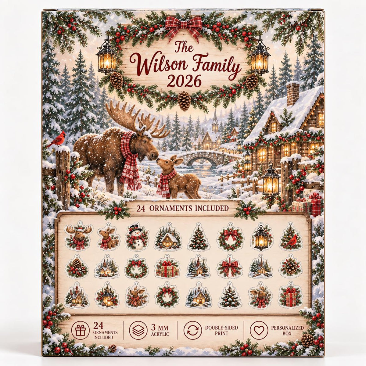 Personalized Moose Advent Calendar, 24 Double-Sided Acrylic Ornaments, Christmas Countdown Box