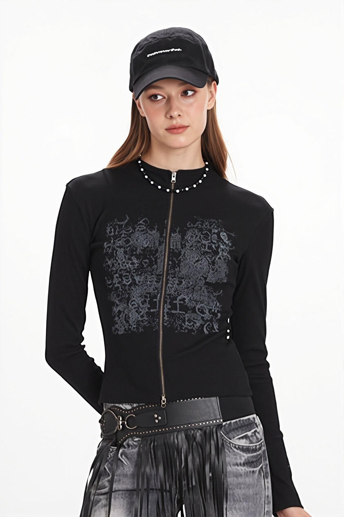 Graphic Print Fitted Zip Up Sweatshirt