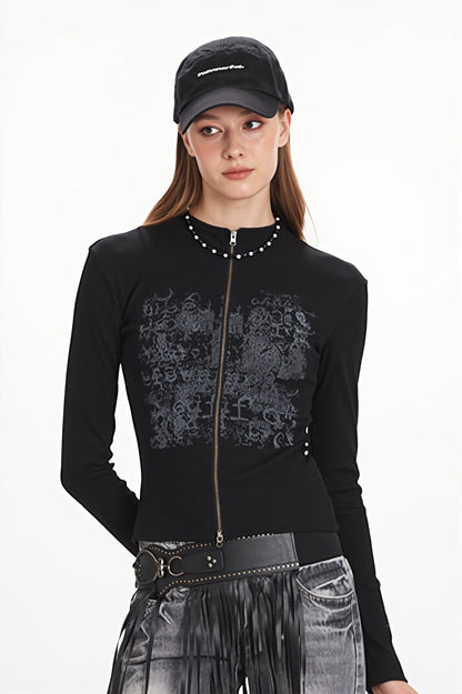 Graphic Print Fitted Zip Up Sweatshirt