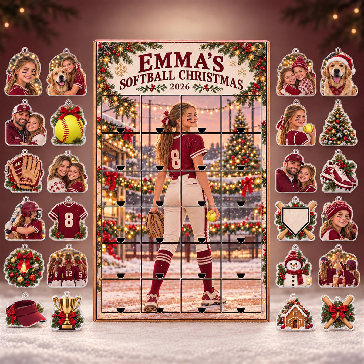 Personalized Softball Advent Calendar with 24 Custom Photo Acrylic Ornaments, Player Number Christmas Gift for Softball Family and Coach