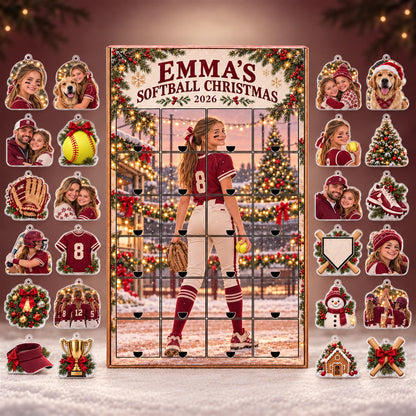 Personalized Softball Advent Calendar with 24 Custom Photo Acrylic Ornaments, Player Number Christmas Gift for Softball Family and Coach
