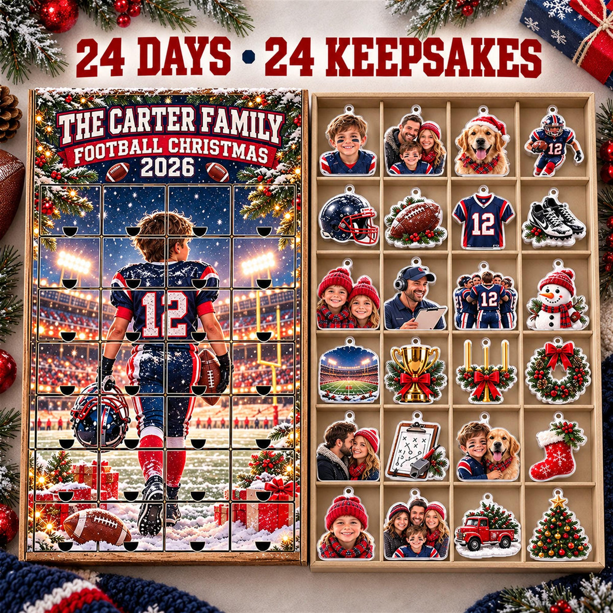 Personalized Football Advent Calendar with 24 Custom Photo Acrylic Ornaments, Player Number Christmas Gift for Football Family and Coach