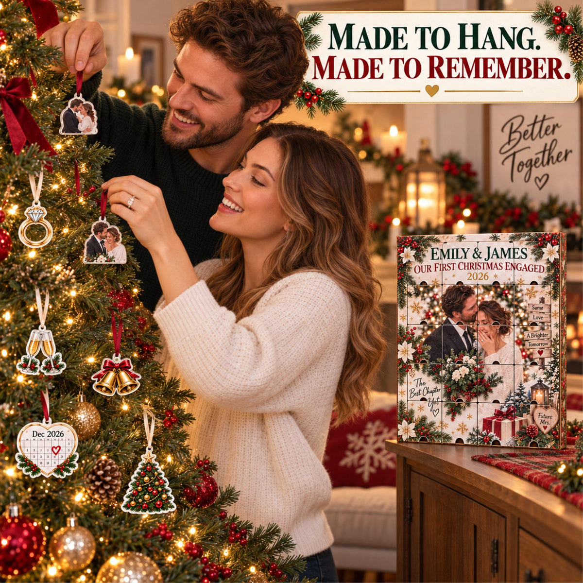 Personalized Engagement Advent Calendar with 24 Custom Photo Acrylic Ornaments, First Christmas Engaged Gift, Couple Keepsake for Fiancée