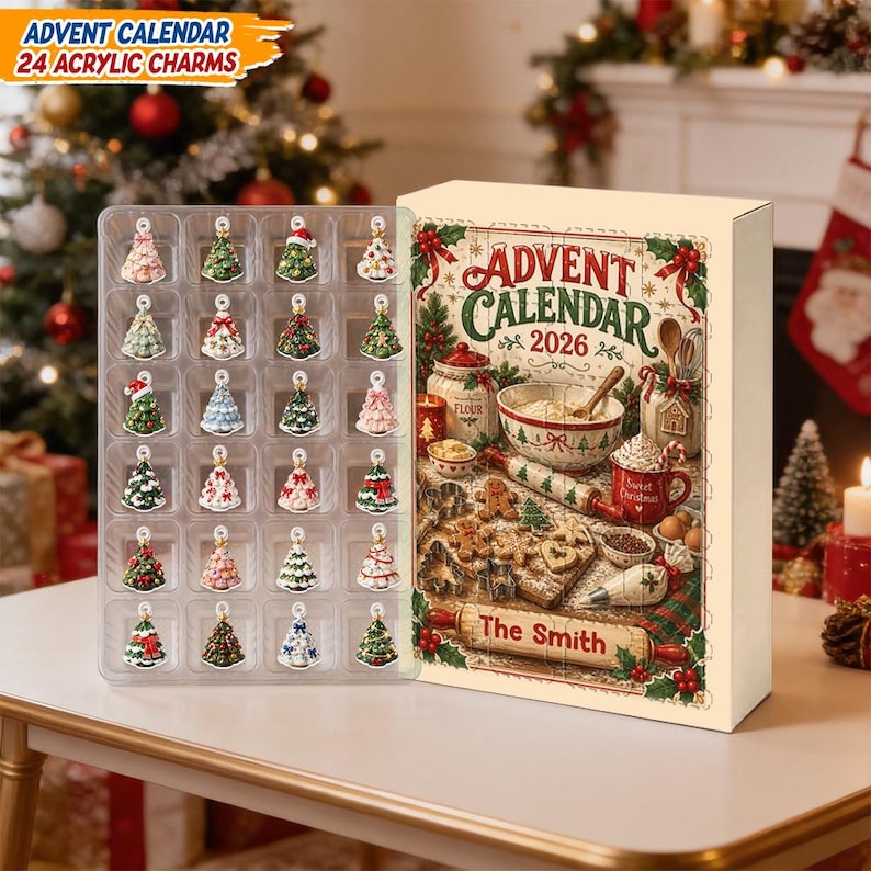 Custom Family Advent Calendar, 24 Acrylic Christmas Tree Charms Countdown Set, Personalized Holiday Decor Gift