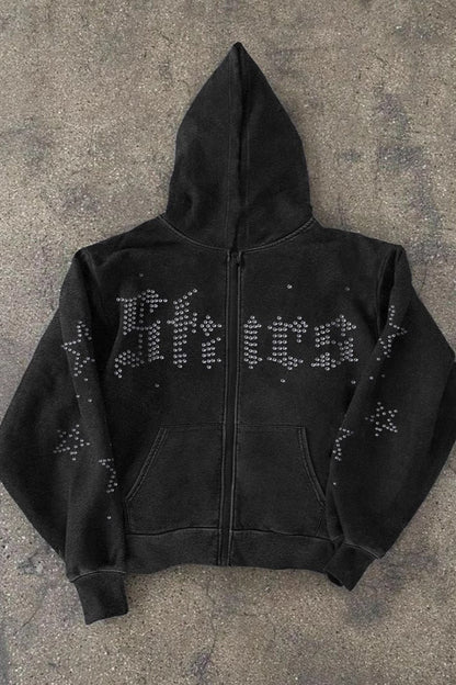 Gothic Rhinestone Letter Zip Hoodie