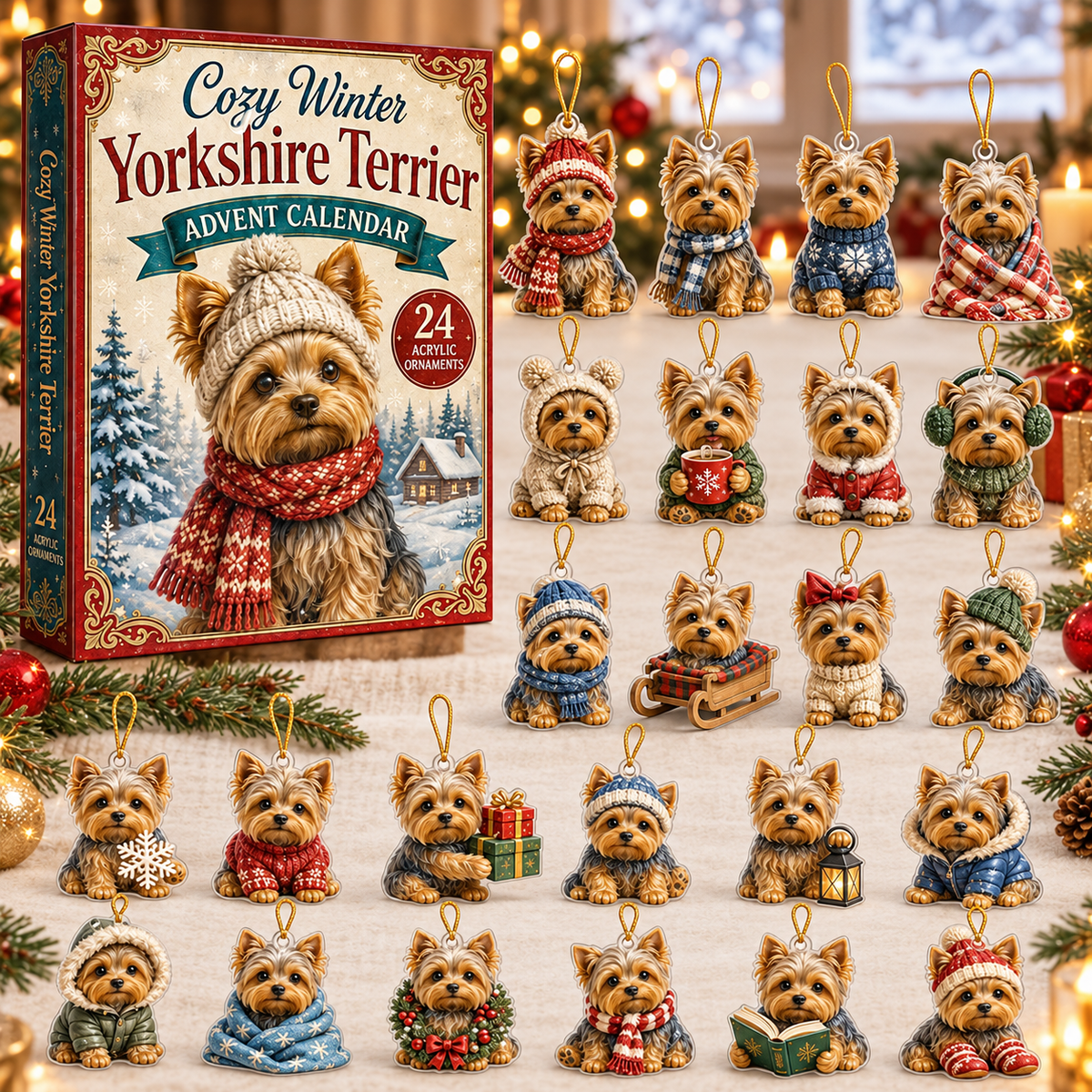 Cozy Winter Yorkshire Terrier Advent Calendar 2026 - 24-Day Festive Countdown, Acrylic Charms Blind Box - Gift For Yorkshire Terrier Lovers