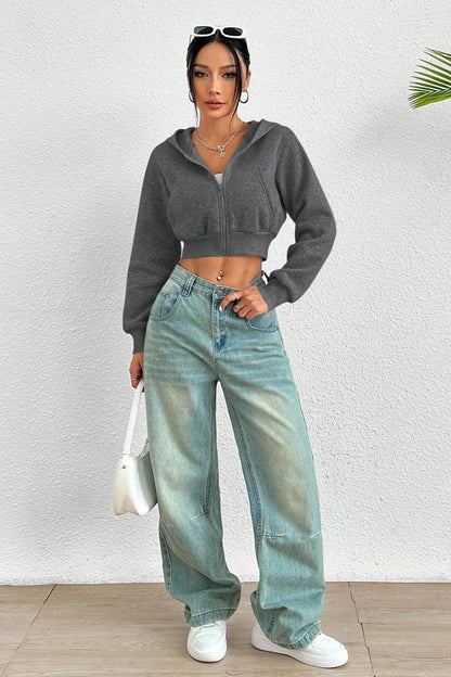 Sexy Cropped Zip Hooded Long Sleeve Hoodie