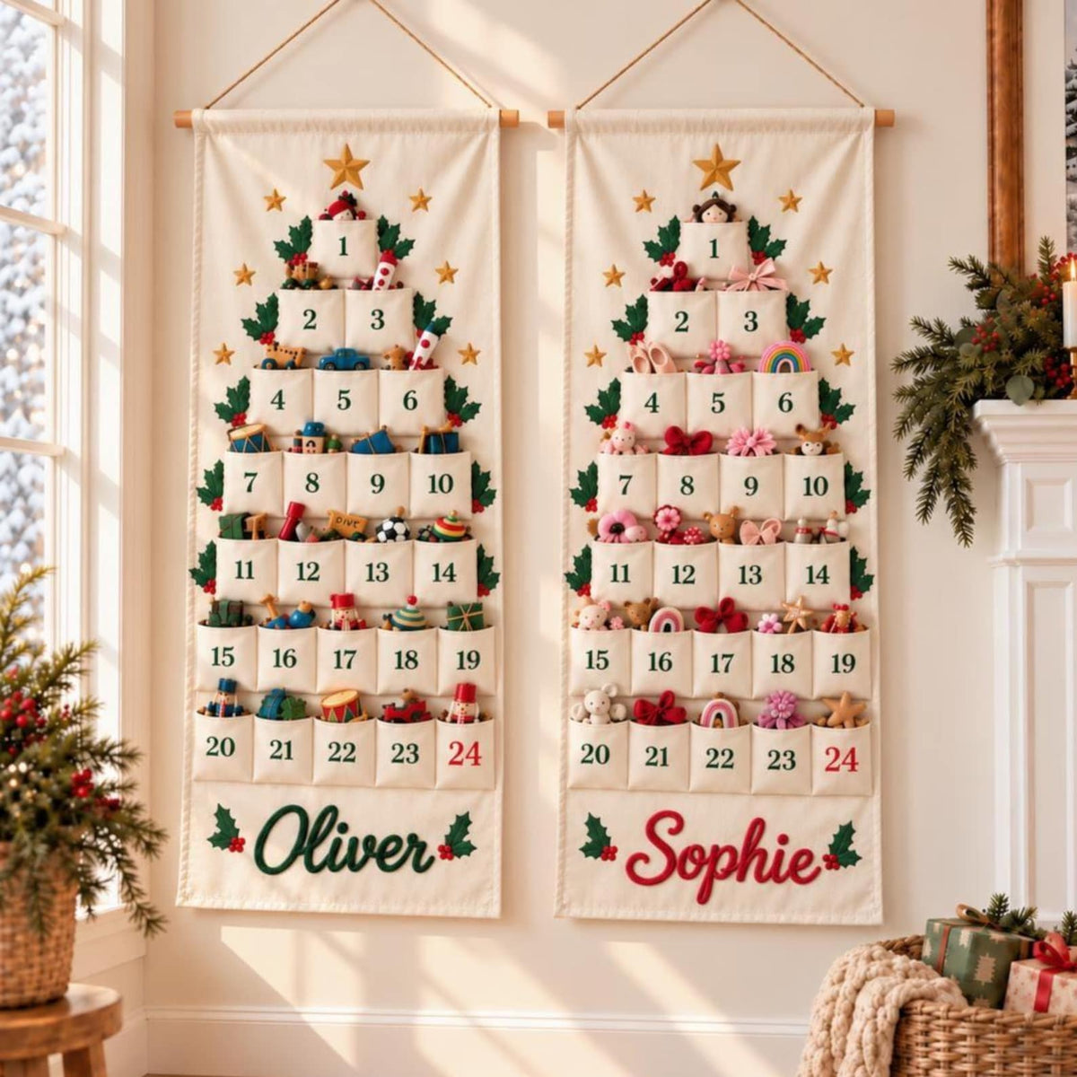 Personalized Nutcracker Advent Calendar for Kids, Custom Name 24 Pocket Christmas Countdown, Fabric Wall Hanging, Family Christmas Tradition