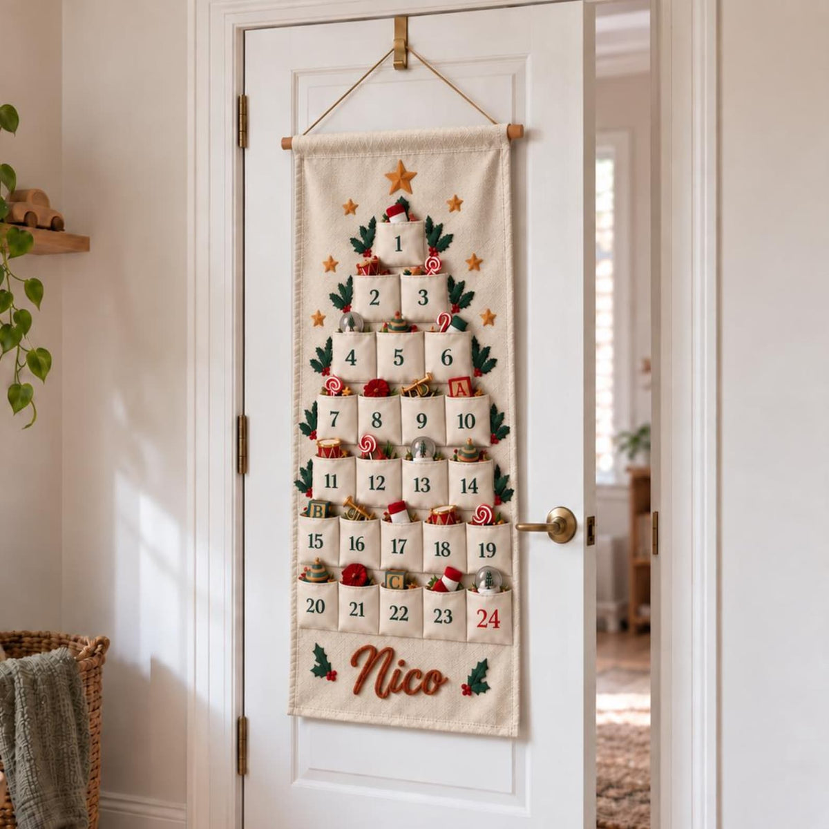 Personalized Nutcracker Advent Calendar for Kids, Custom Name 24 Pocket Christmas Countdown, Fabric Wall Hanging, Family Christmas Tradition