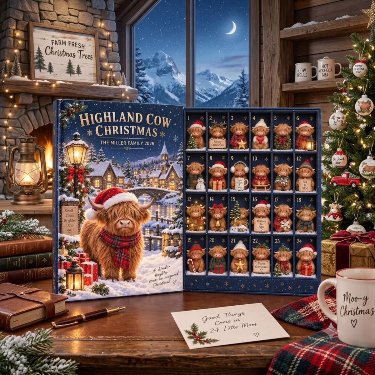 Personalized 2026 Highland Cow Advent Calendar, 24 Mini Cow Figures Christmas Countdown Box, Family Holiday Keepsake Gift