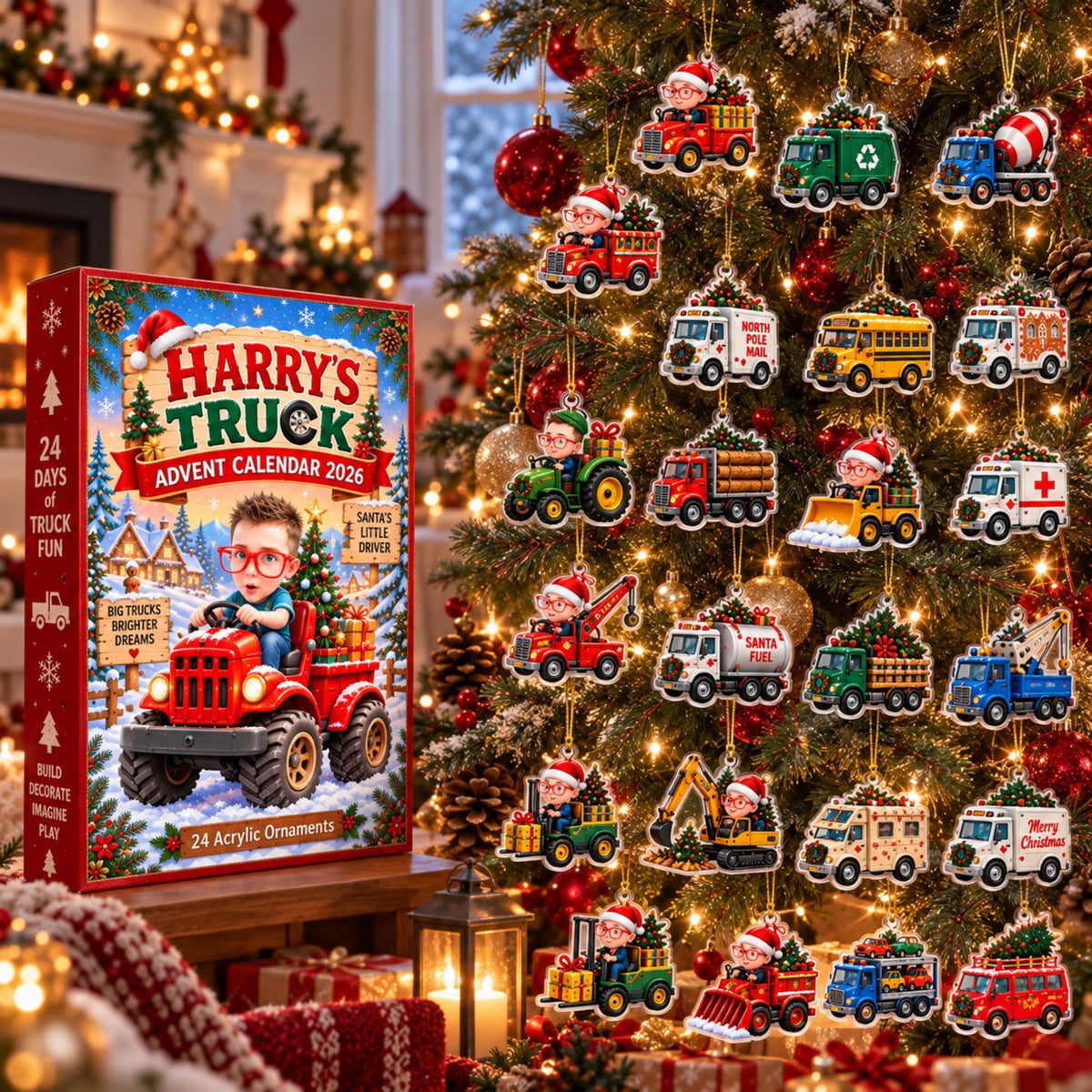 Personalized Truck Advent Calendar 2026, Custom Photo & Name, 24 Acrylic Truck Ornaments, Kids Christmas Countdown, Truck Lover Gift