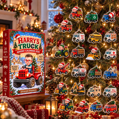 Personalized Truck Advent Calendar 2026, Custom Photo & Name, 24 Acrylic Truck Ornaments, Kids Christmas Countdown, Truck Lover Gift