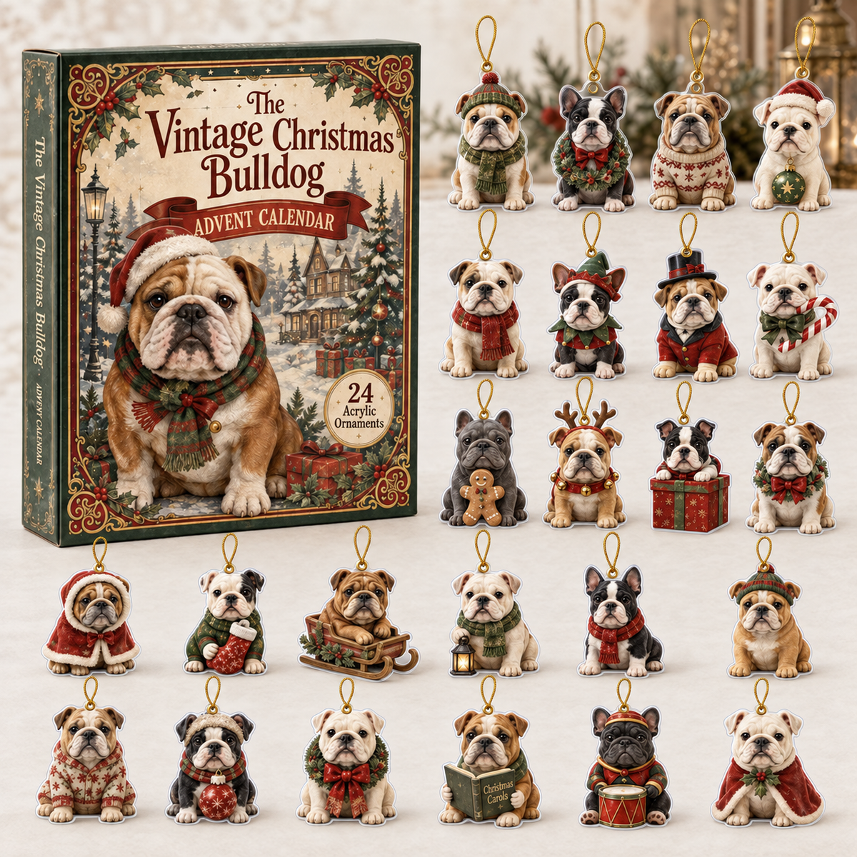 The Vintage Christmas Bulldog Advent Calendar 2026 - 24-Day Festive Countdown, Acrylic Charms Blind Box - Gift For Bulldog Lovers