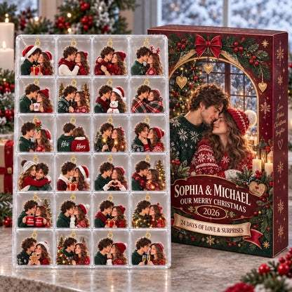 Personalized Couple Advent Calendar 2026, 24 Acrylic Christmas Ornaments, Custom Photo Countdown Box, Romantic Gifts for Couples, Xmas Decor