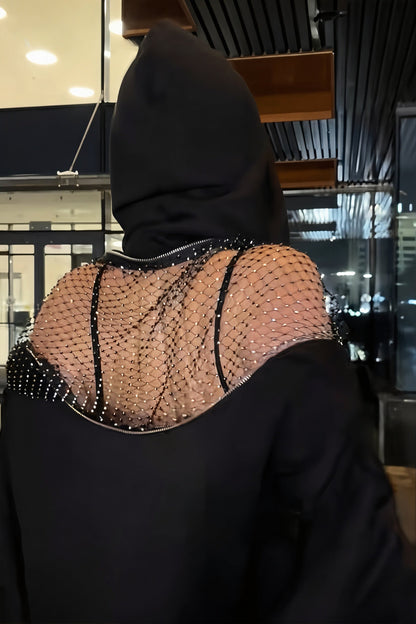 Rhinestone Mesh Open Back Hoodie