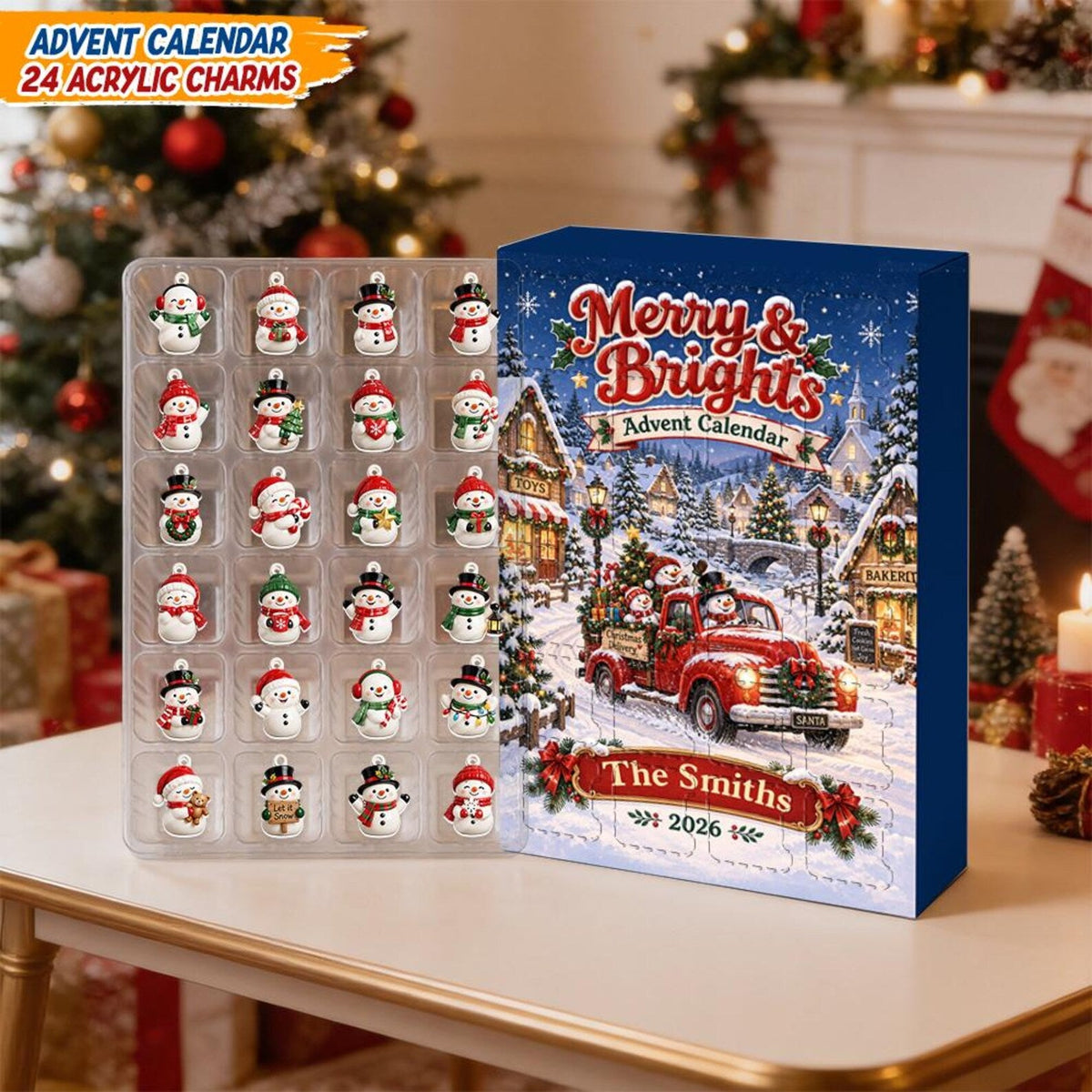 Personalized Christmas Advent Calendar 2026, 24 Snowman Acrylic Charms Countdown Box Gift