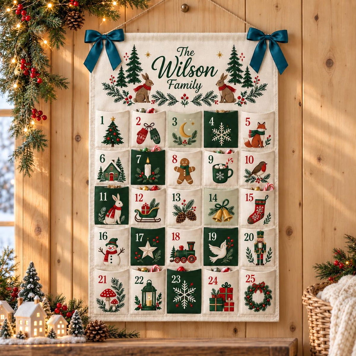 Personalized Woodland Advent Calendar, 25 Pocket Christmas Countdown, Family Name Wall Hanging