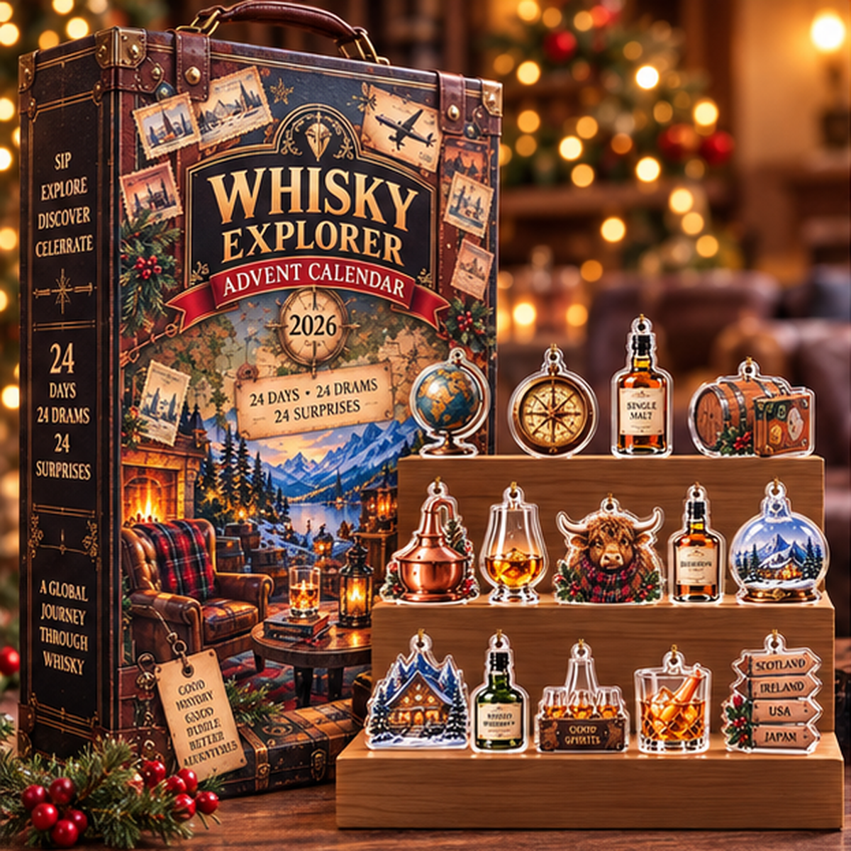 Whisky Explorer Advent Calendar 2026, 24 Days of Global Drams & Surprises, Travel Theme Christmas Countdown Gift, Holiday Decor