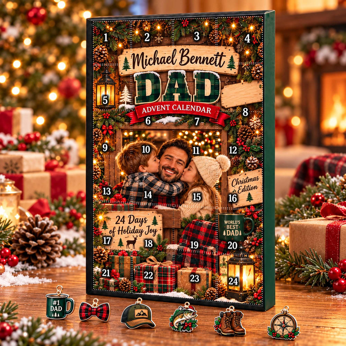 Personalized Dad Photo Advent Calendar 2026, Custom Dad Name Blind Box, 24 Day Christmas Countdown Ornament Set Gift for Dad, Xmas Countdown Dave