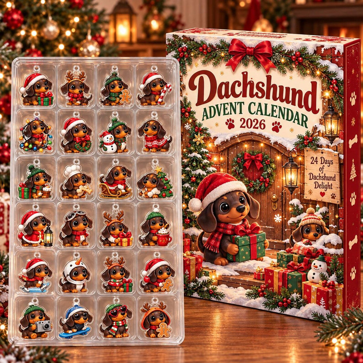 Dachshund Advent Calendar 2026, 24 Day Christmas Countdown, Dog Lover Gift, Cute Sausage Dog Acrylic Ornament Holiday Decor