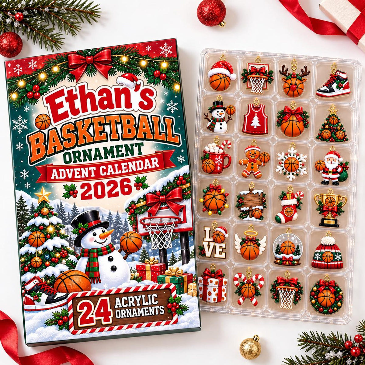 Basketball Advent Calendar 2026, Christmas Countdown Box, 24 Basketball Charms, Personalized Sports Holiday Keepsake, Basketball Player Gift John
