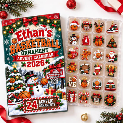 Basketball Advent Calendar 2026, Christmas Countdown Box, 24 Basketball Charms, Personalized Sports Holiday Keepsake, Basketball Player Gift John