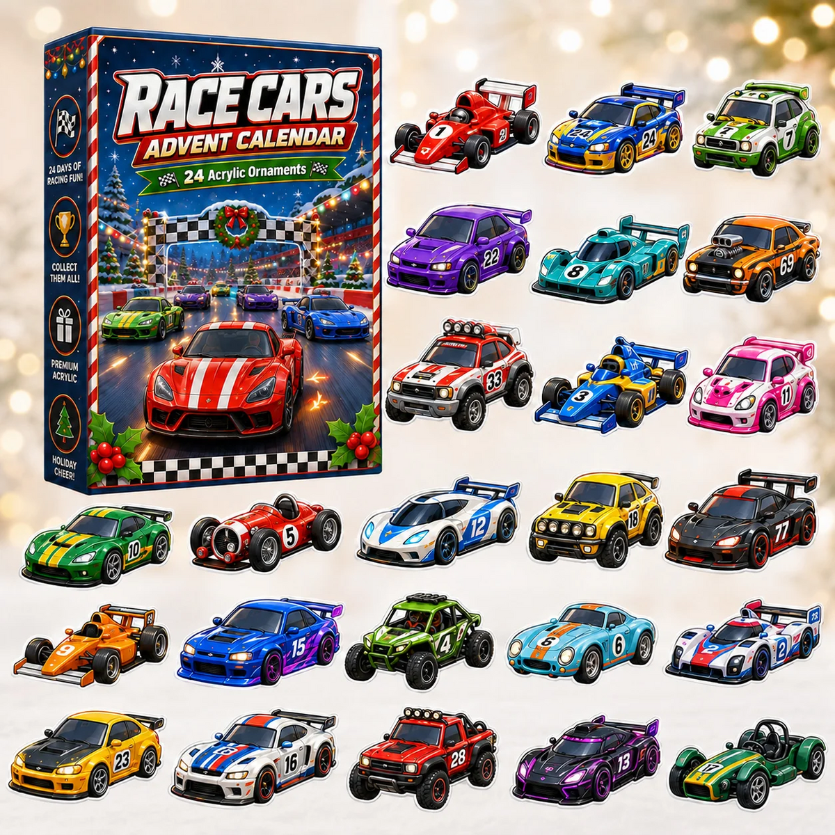 Race Cars Advent Calendar 2026 - 24-Day Festive Countdown, Acrylic Charms Blind Box