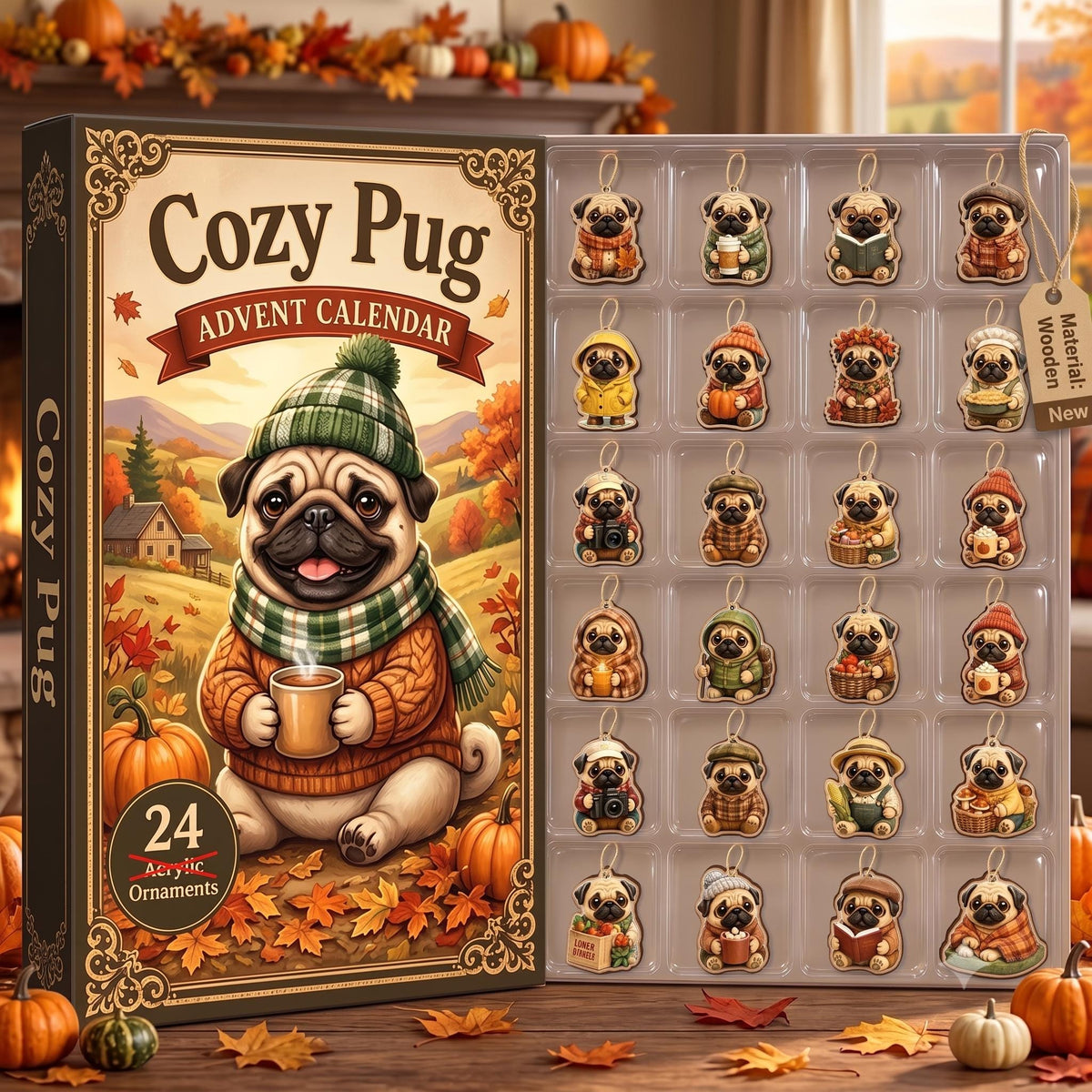 Silly Pug Advent Calendar 2026, 24 Days Fall Christmas Countdown Box, Cute Dog Tree Ornaments, Xmas Pug Lover Gift