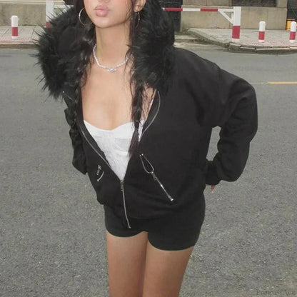 Dark Furry Collar Zip Hoodie
