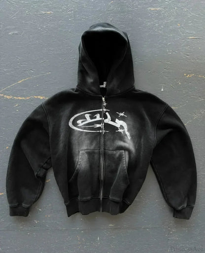 Dark Oversized Design Zip Hoodie