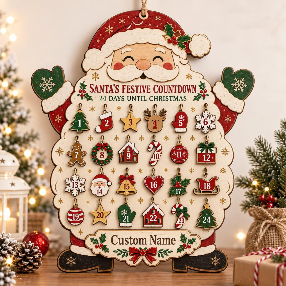 Personalized Santa Wooden Advent Calendar, Christmas Countdown Calendar, Custom Name Holiday Decor, Family Christmas Gift, Rustic Wood Sign