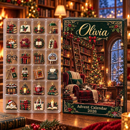 Personalized Library Advent Calendar, 24 Bookish Christmas Charms, Custom Name Reader Gift Box, Holiday Countdown