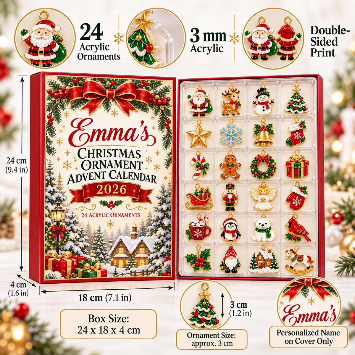 Personalized Christmas Advent Calendar 2026, 24 Acrylic Ornaments, Holiday Countdown Box, Custom Name Xmas Gift for Kids & Family John