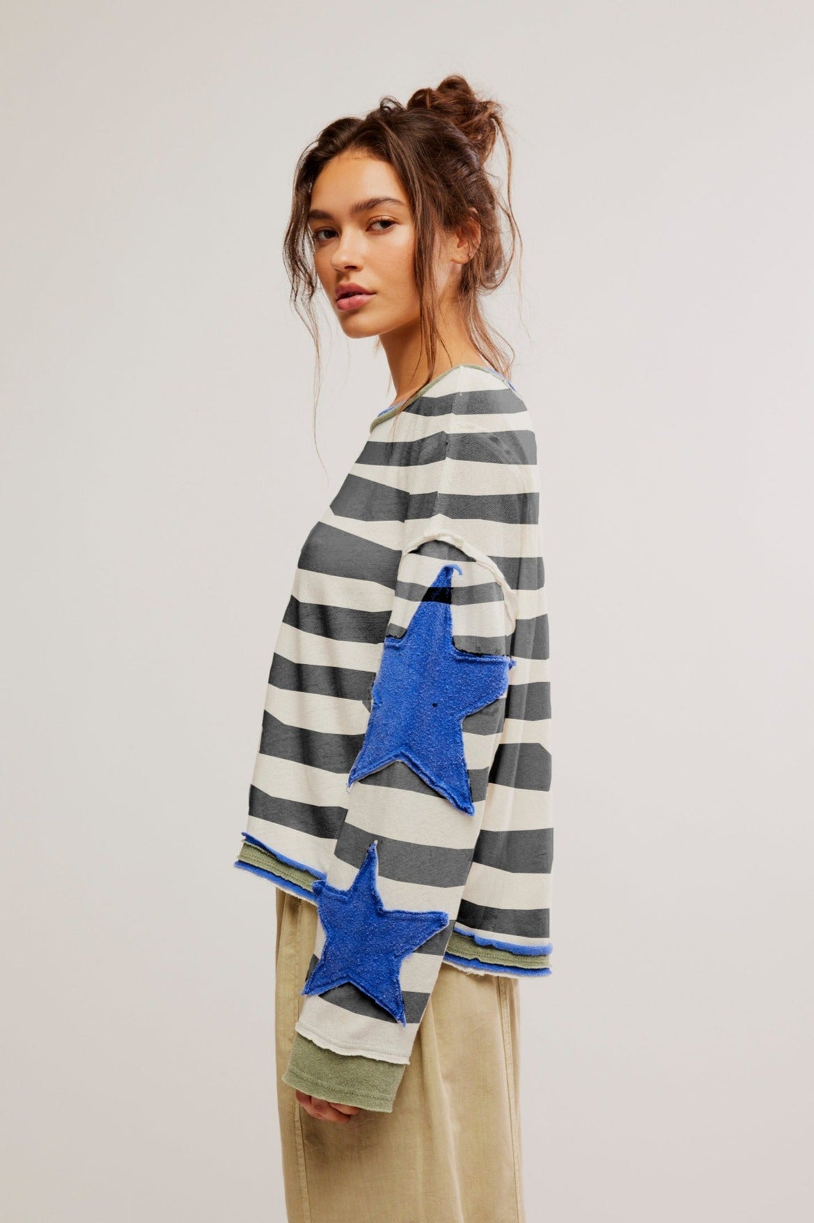 Star Sleeve Applique Stripe Sweatshirt