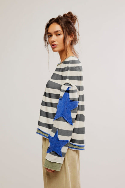 Star Sleeve Applique Stripe Sweatshirt