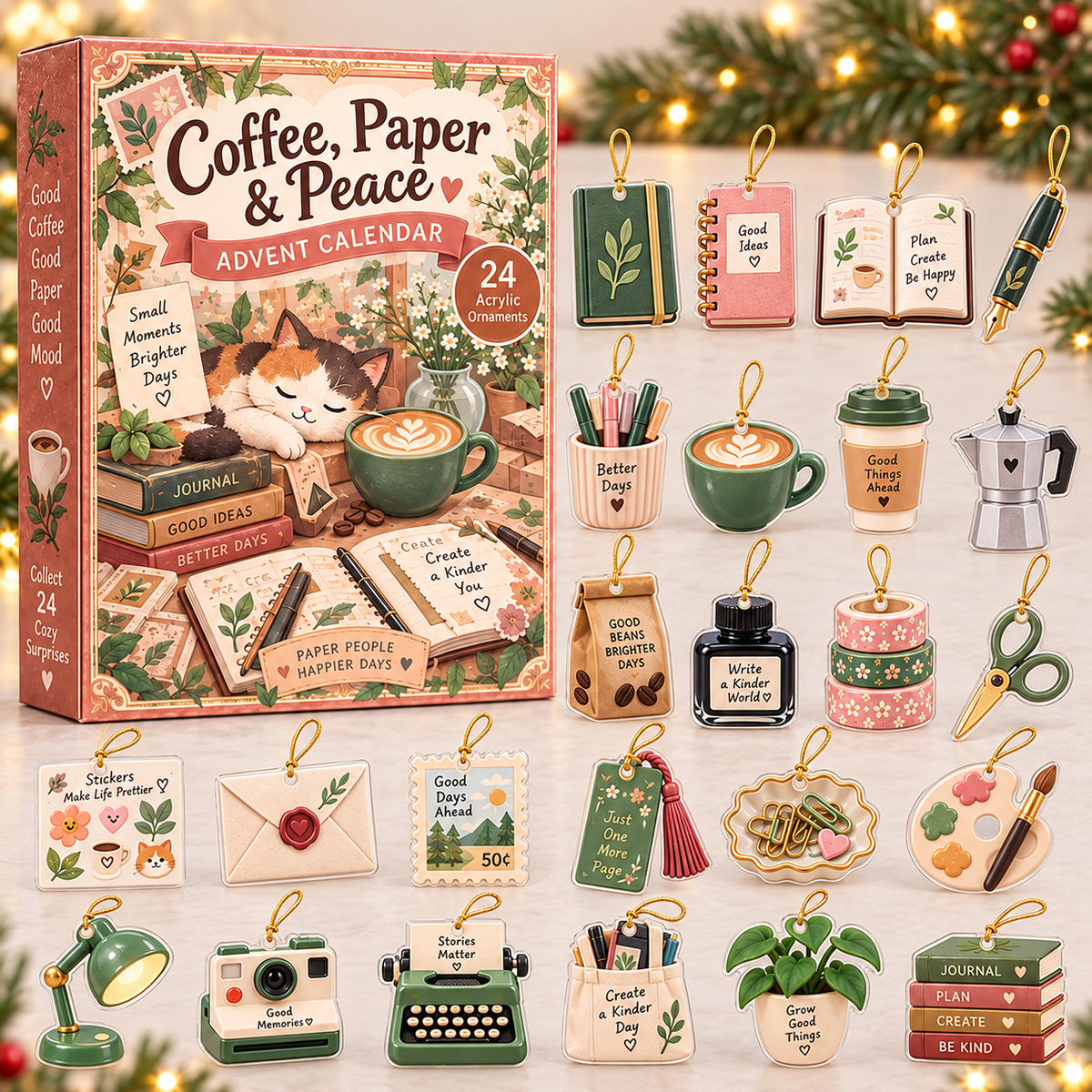 Coffee Paper Peace Advent Calendar 2026 - 24-Day Festive Countdown, Acrylic Charms Blind Box - Gift For Scrapbooking Lovers