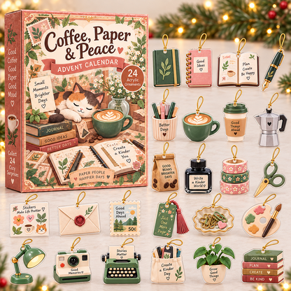 Coffee Paper Peace Advent Calendar 2026 - 24-Day Festive Countdown, Acrylic Charms Blind Box - Gift For Scrapbooking Lovers