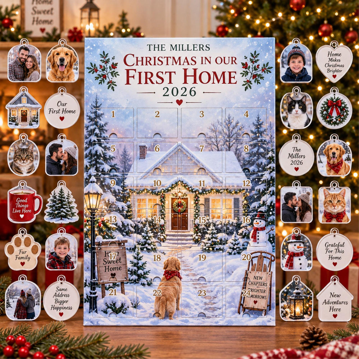Personalized New Home Advent Calendar with 24 Custom Photo Acrylic Ornaments, First Christmas in Our Home Gift, Housewarming Gift for Couple