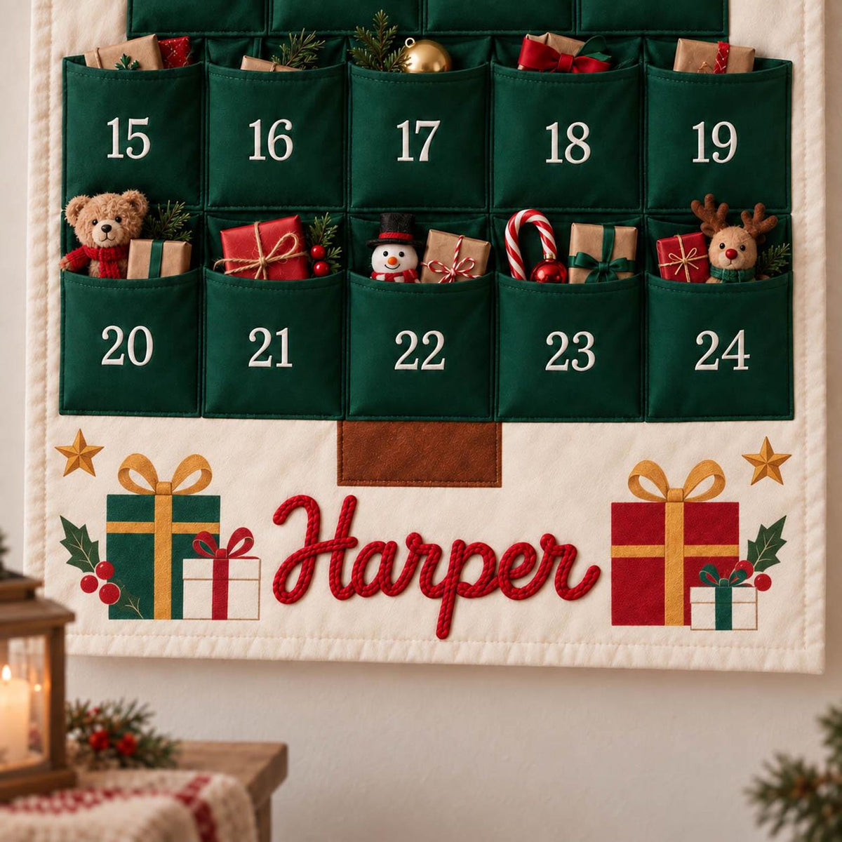 Personalized Advent Calendar with Name, 24 Pocket Christmas Countdown Wall Hanging, Printed Santa, Reindeer, Snowman, Tree, Corded Lettering
