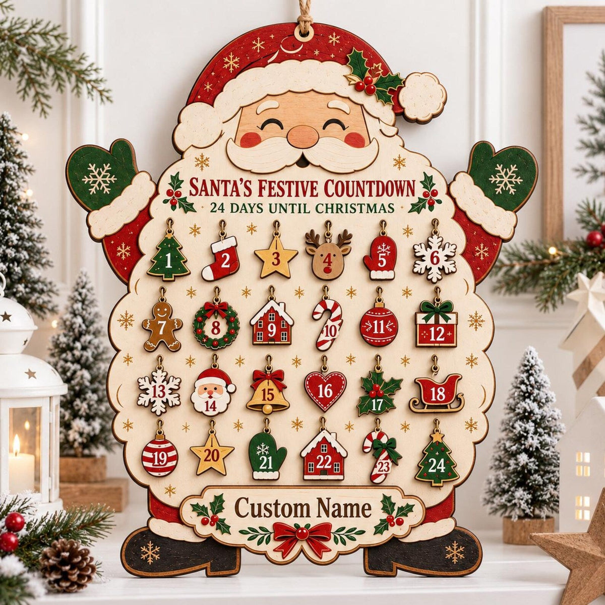 Personalized Santa Wooden Advent Calendar, Christmas Countdown Calendar, Custom Name Holiday Decor, Family Christmas Gift, Rustic Wood Sign
