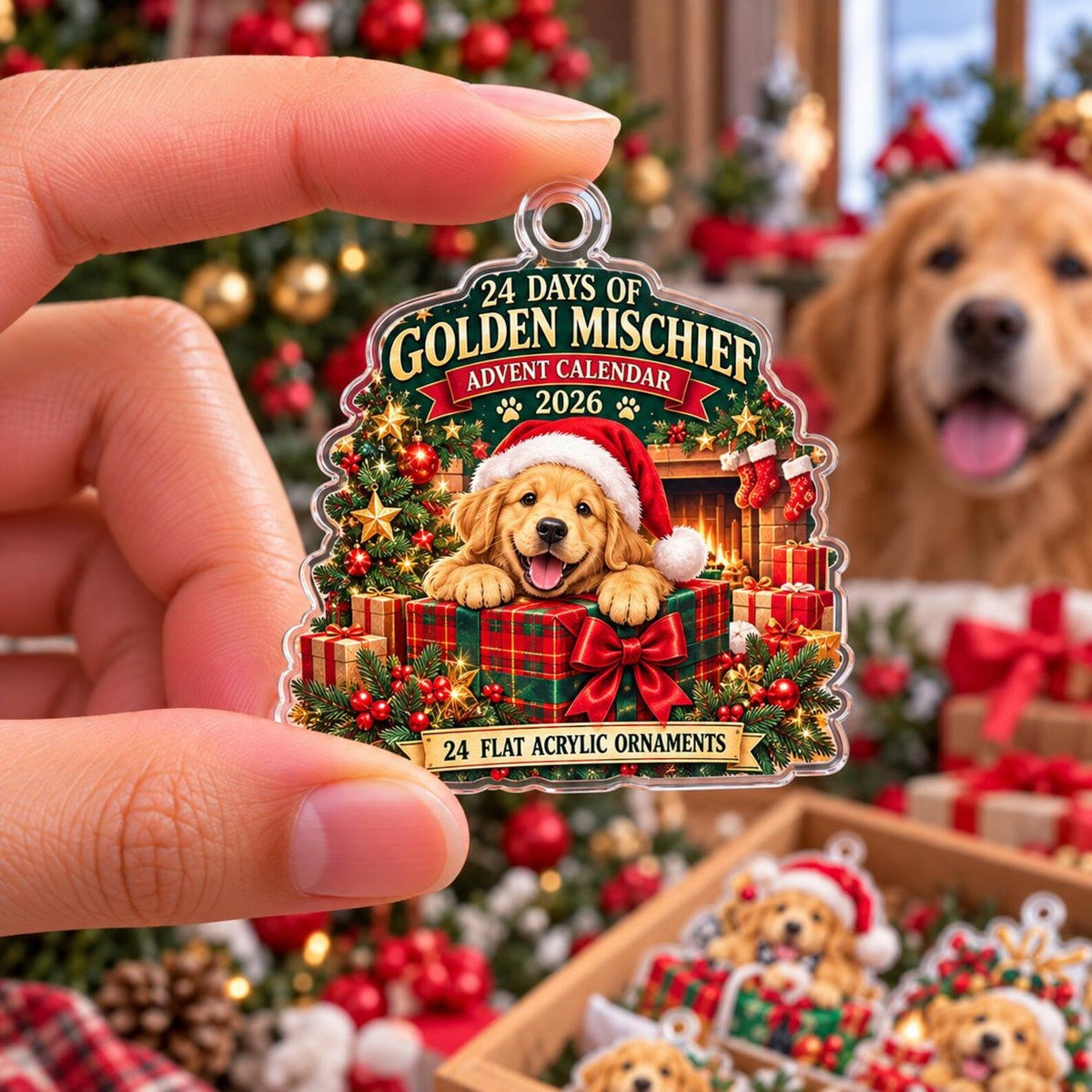 2D Flat Acrylic Golden Retriever Advent Calendar 2026, 24 Dog Ornaments, Golden Retriever Christmas Countdown, Dog Lover Gift