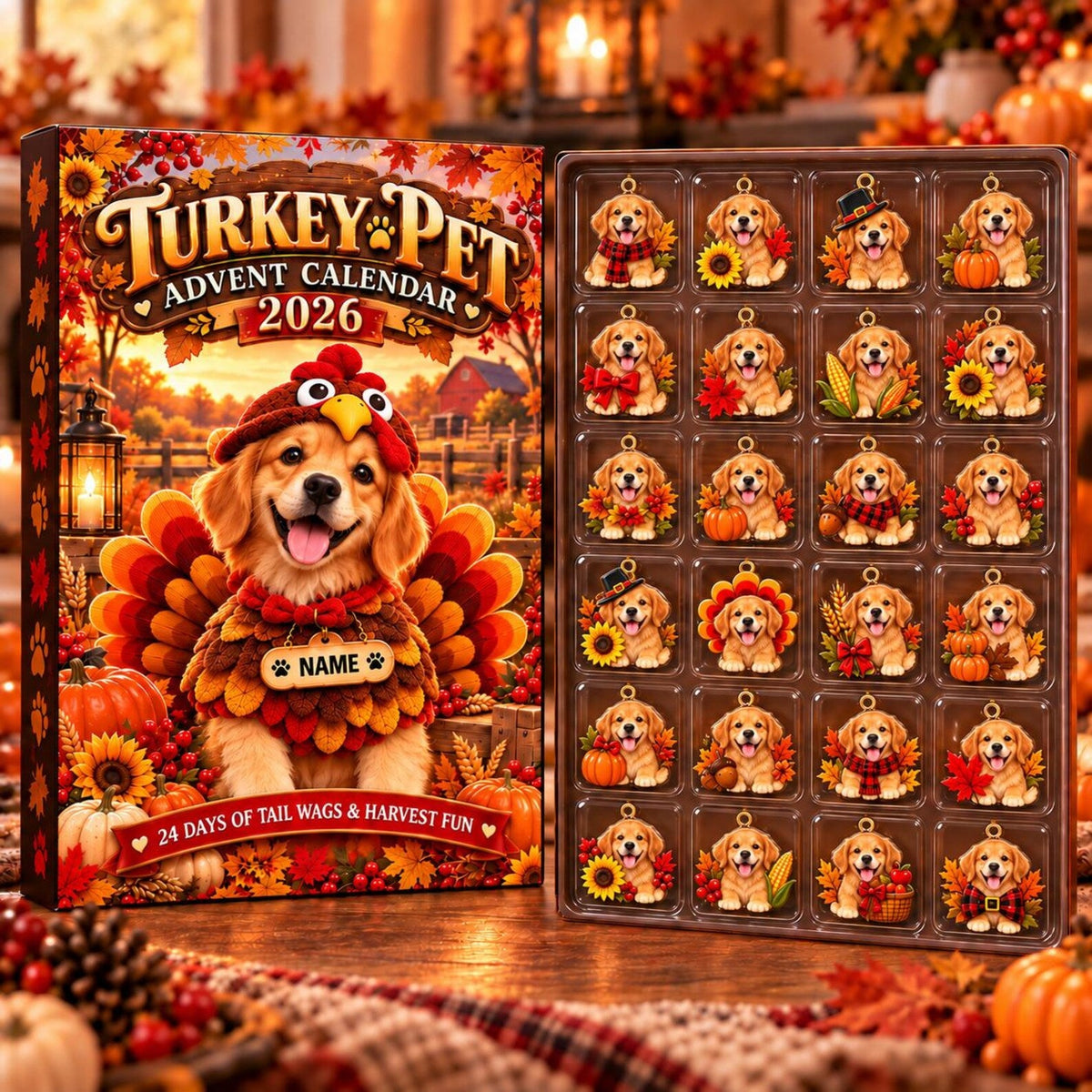 Personalized Turkey Pet Advent Calendar 2026, Custom Pet Photo Thanksgiving Countdown Box, 24 Acrylic Charms