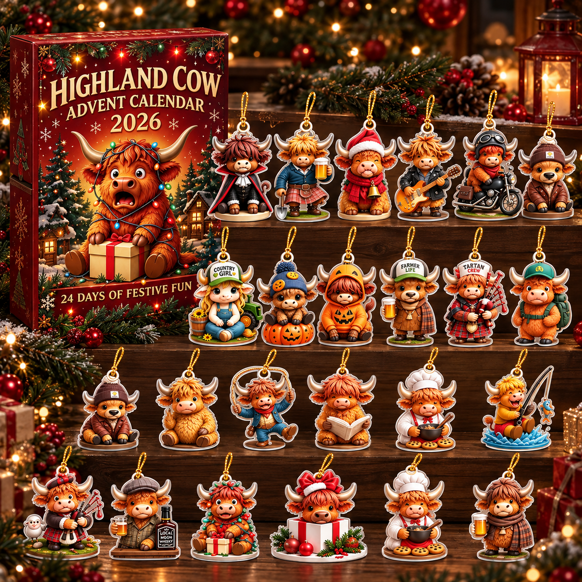 Highland Cow Advent Calendar 2026 24 Days Christmas Countdown 3D Collectible Figurines Farmhouse Holiday Decor Gift for Cow Lovers