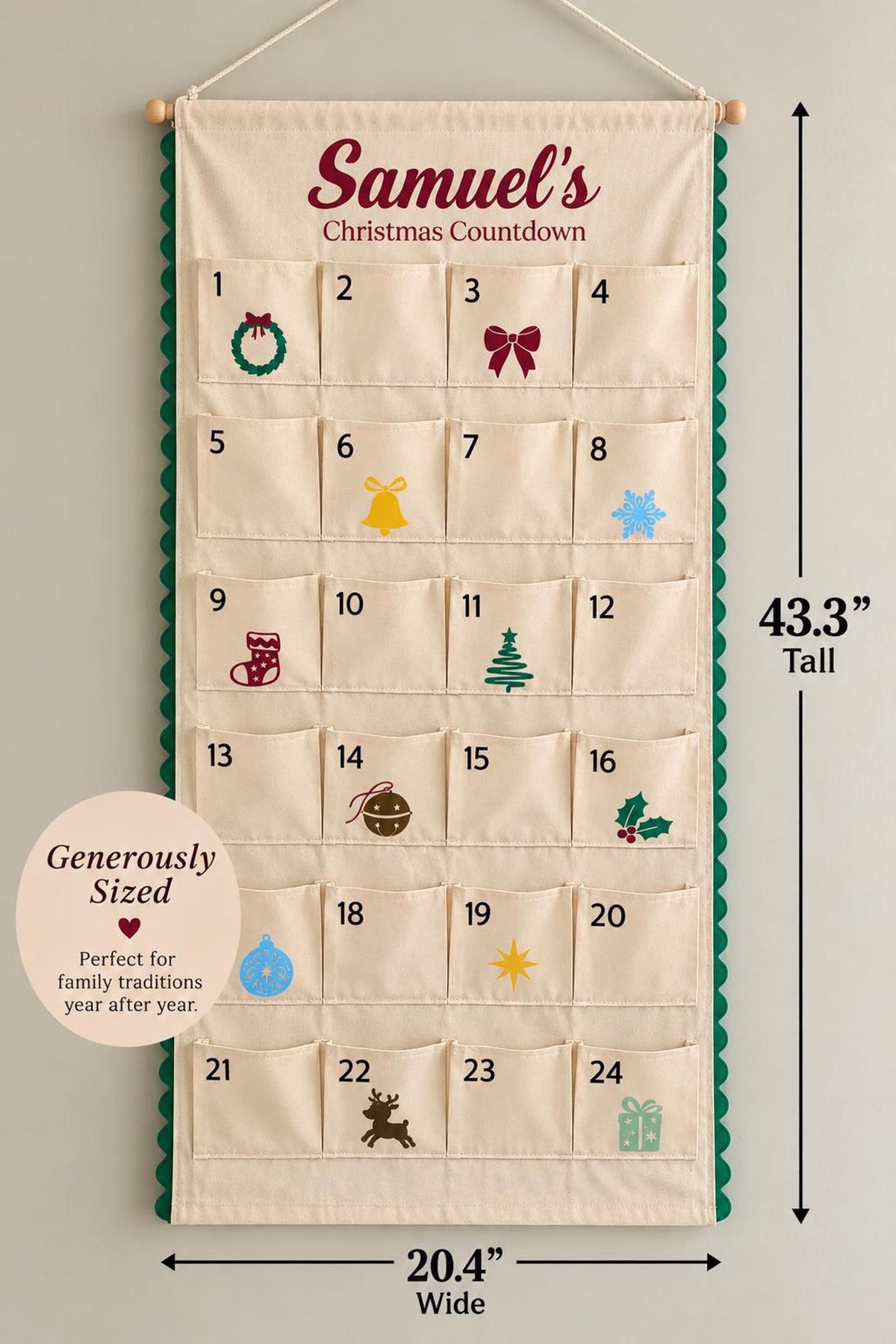 Personalized Fabric Advent Calendar, Custom Name Christmas Countdown, Reusable Wall Hanging